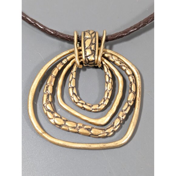 Chicos Gold Tone Multi Ring Pendant Brown Braided Cord Necklace Boho Western 20" - Picture 4 of 9
